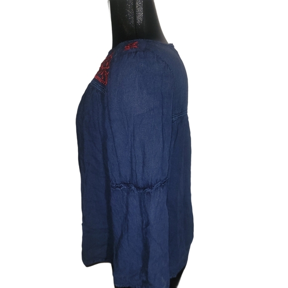 Solitaire Blue Long Sleeve Boho Chic Top With Red Floral Embroidered Detailing S - Picture 5 of 7